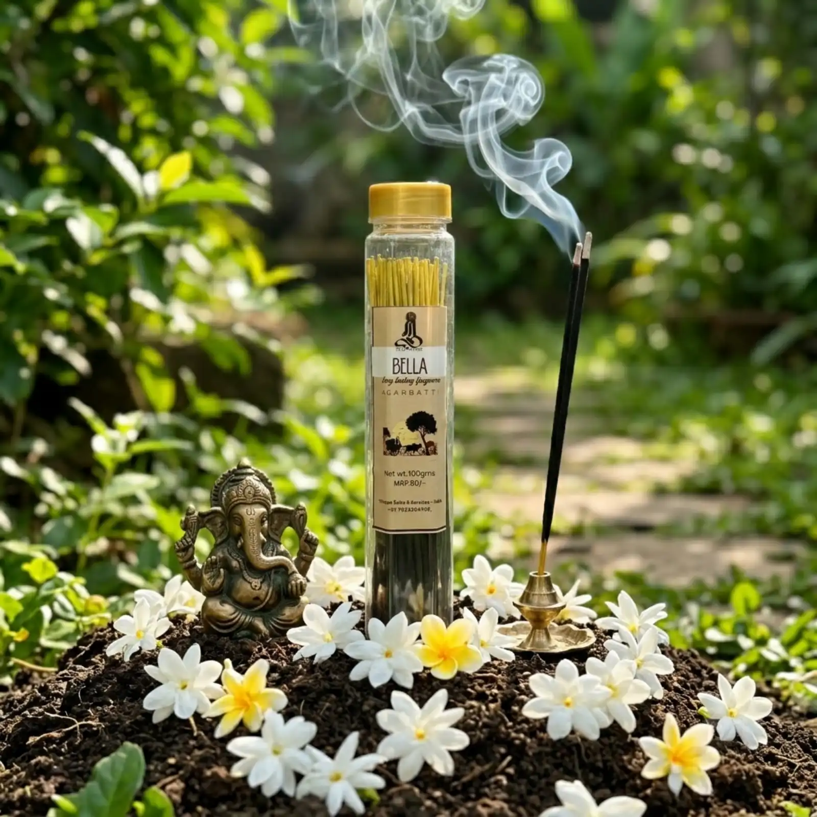 GURU Bella Agarbatti jar surrounded by white and yellow flowers with burning incense