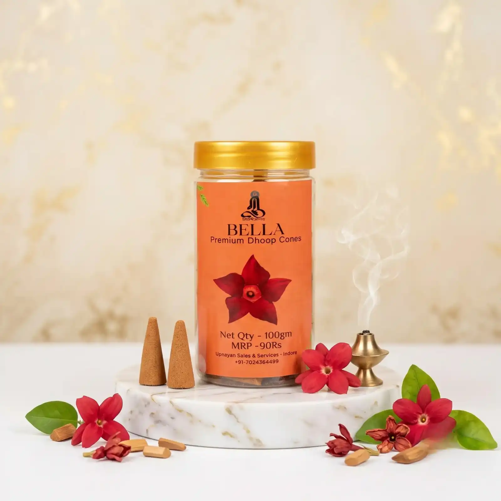 GURU Bella Premium Dhoop Cones jar with unlit cones on marble stand and flowers