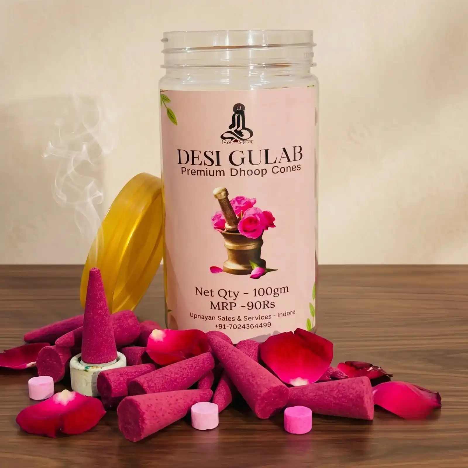 GURU Desi Gulab Premium Dhoop Cones jar surrounded by pink rose cones and petals