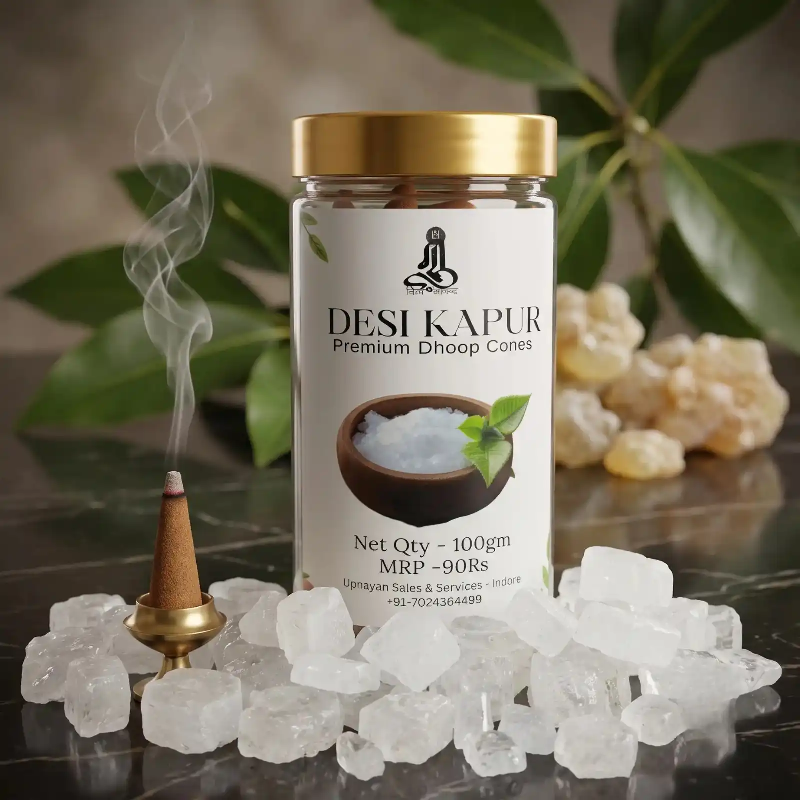 GURU Desi Kapur Dhoop Cones jar resting on pure white camphor crystals with a lit cone