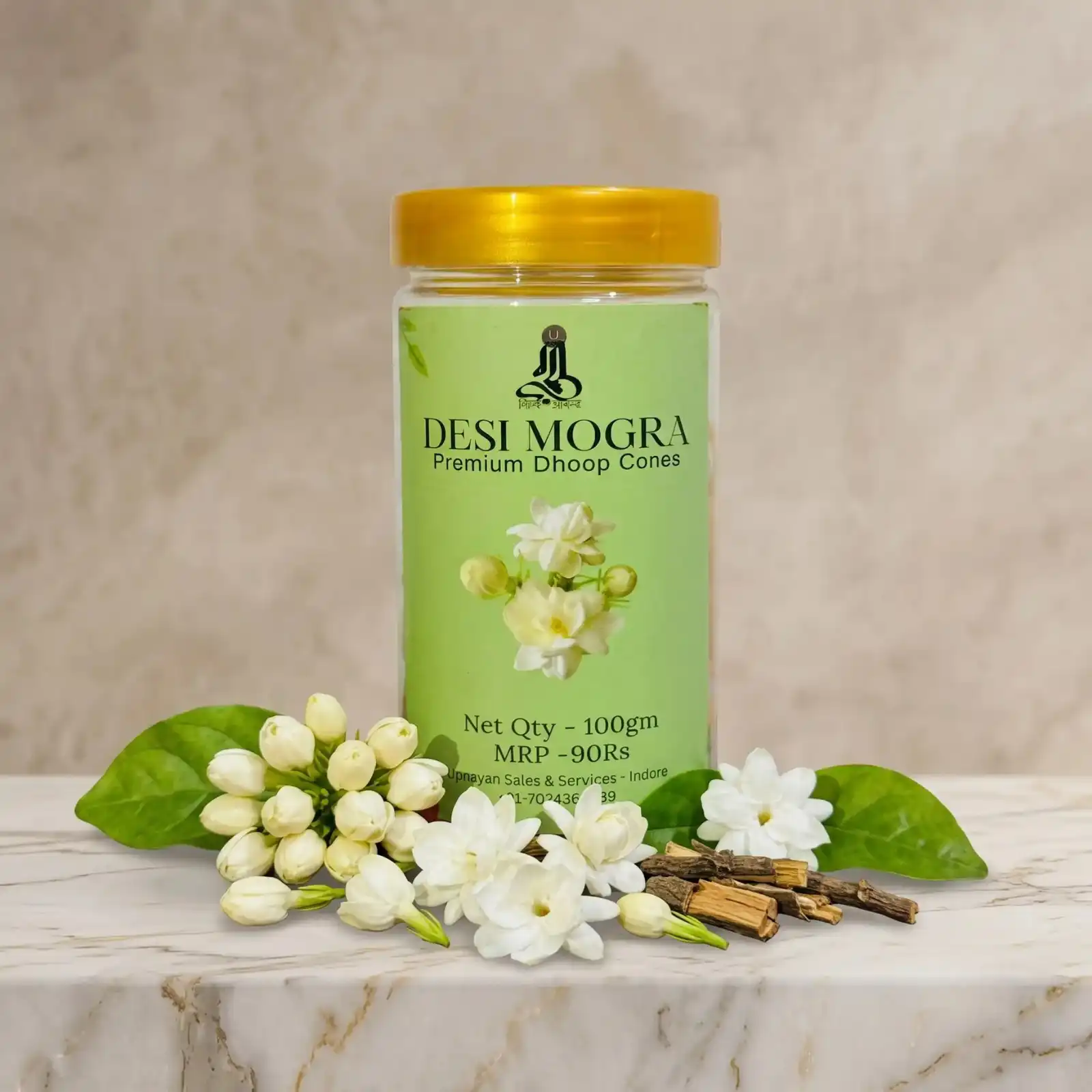 GURU Desi Mogra Dhoop Cones jar flanked by fresh white Mogra flowers and green leaves