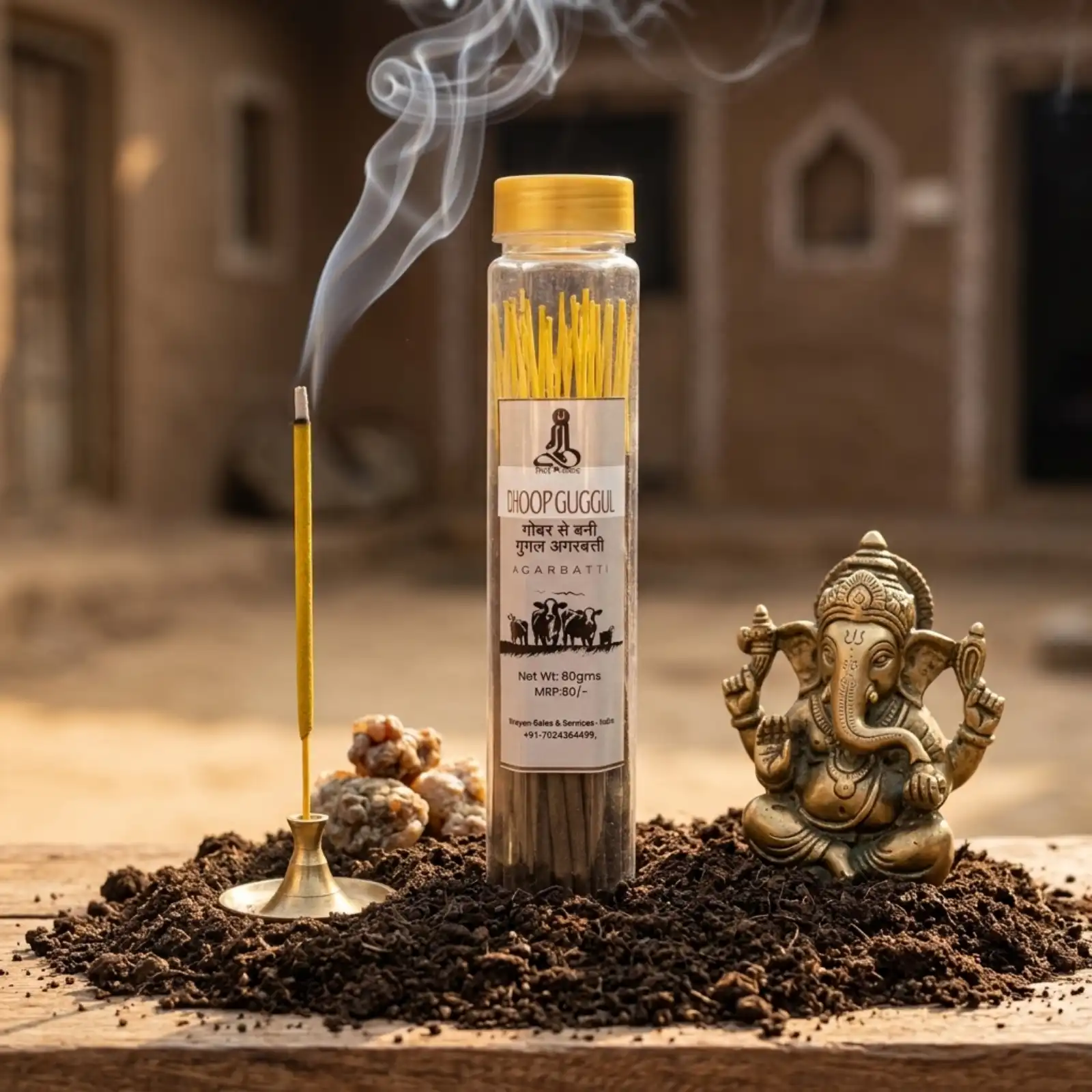 GURU Dhoop Guggul Agarbatti jar with lit stick, raw guggul resin, and Ganesha idol