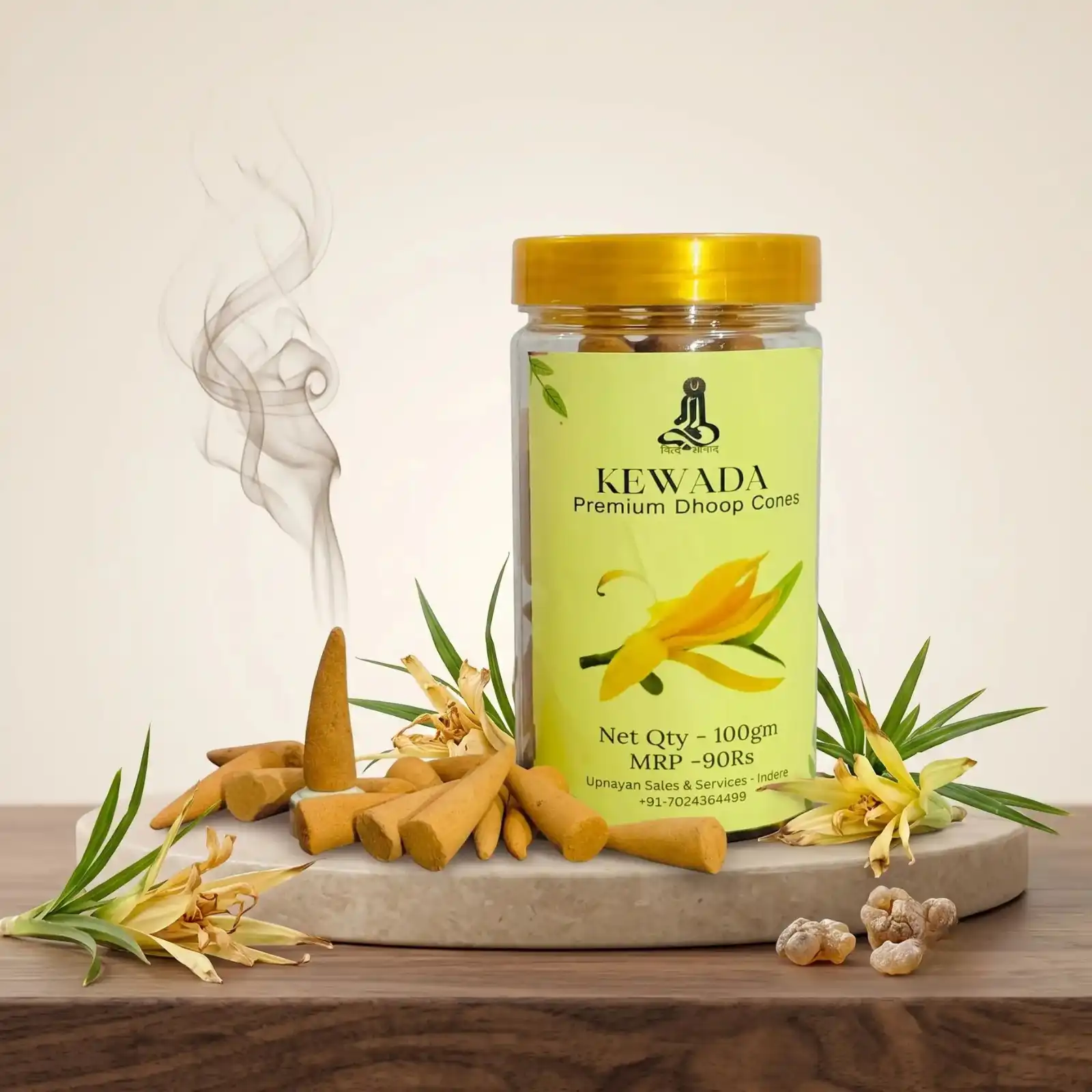 GURU Kewada Dhoop Cones jar on marble with yellow kewada flowers and dhoop cones