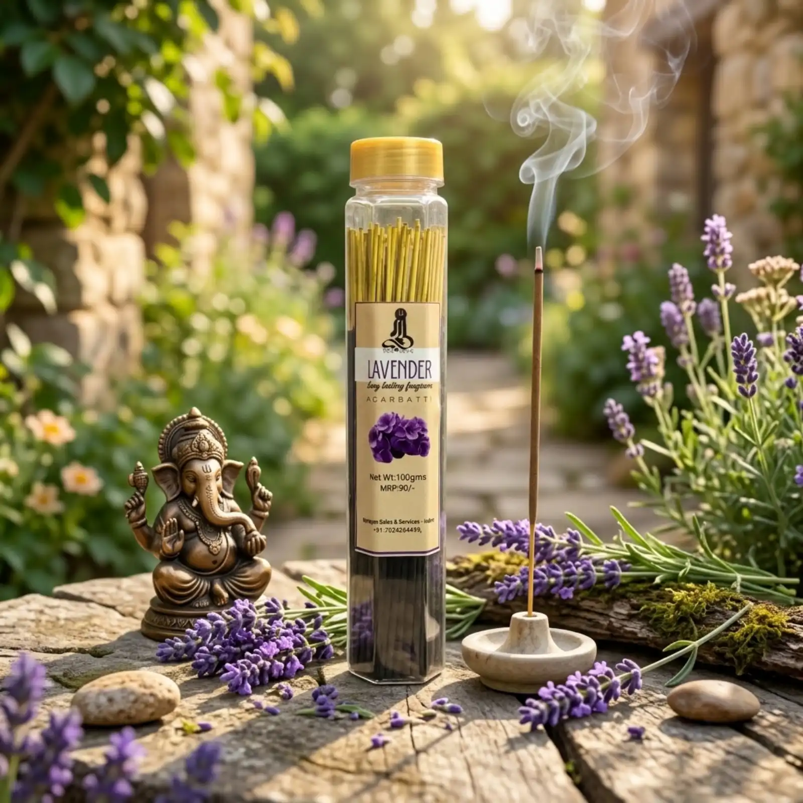 GURU Lavender Agarbatti container on a rustic wooden table with fresh lavender flowers