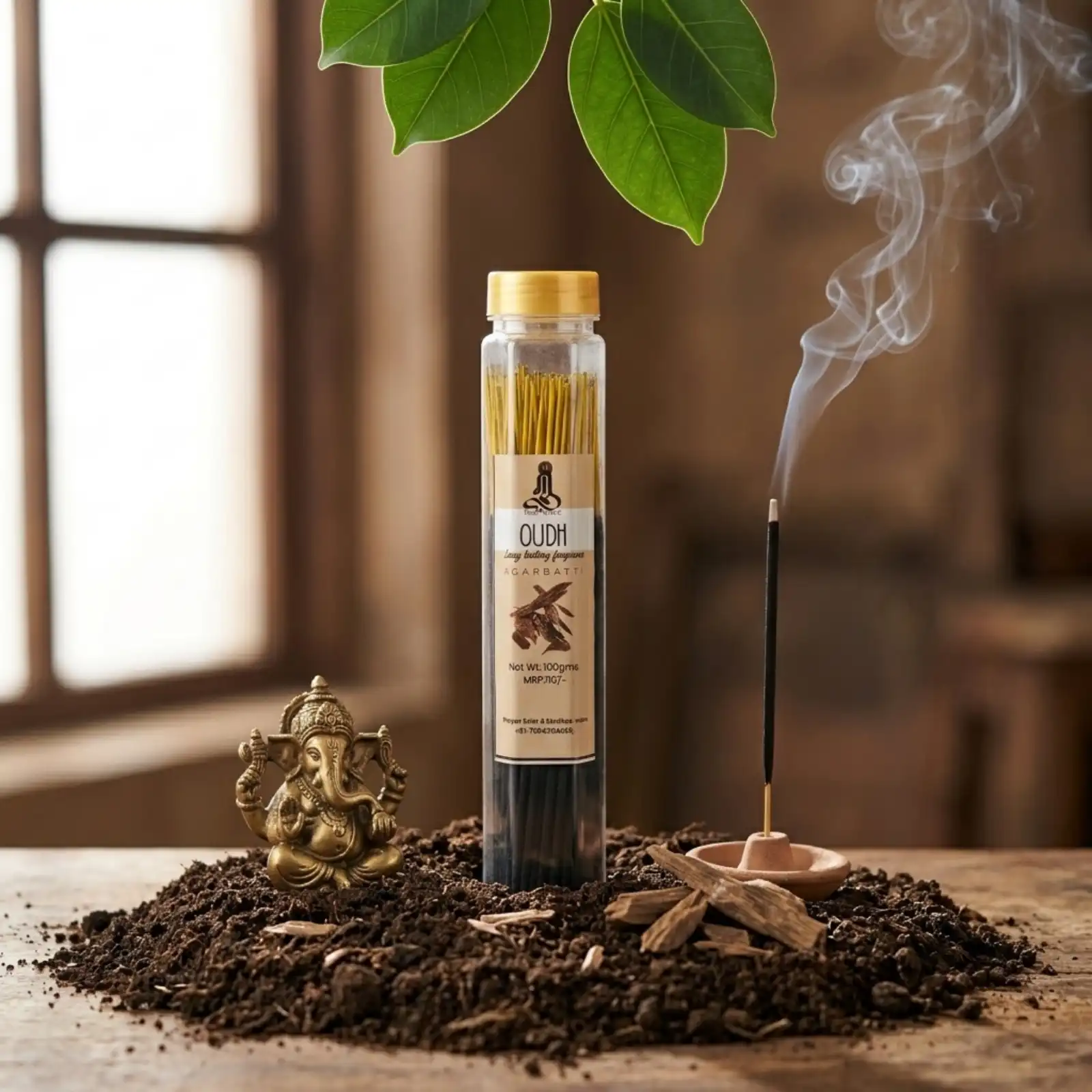 GURU Oudh Agarbatti jar on a wooden table with agarwood chips and Ganesha idol