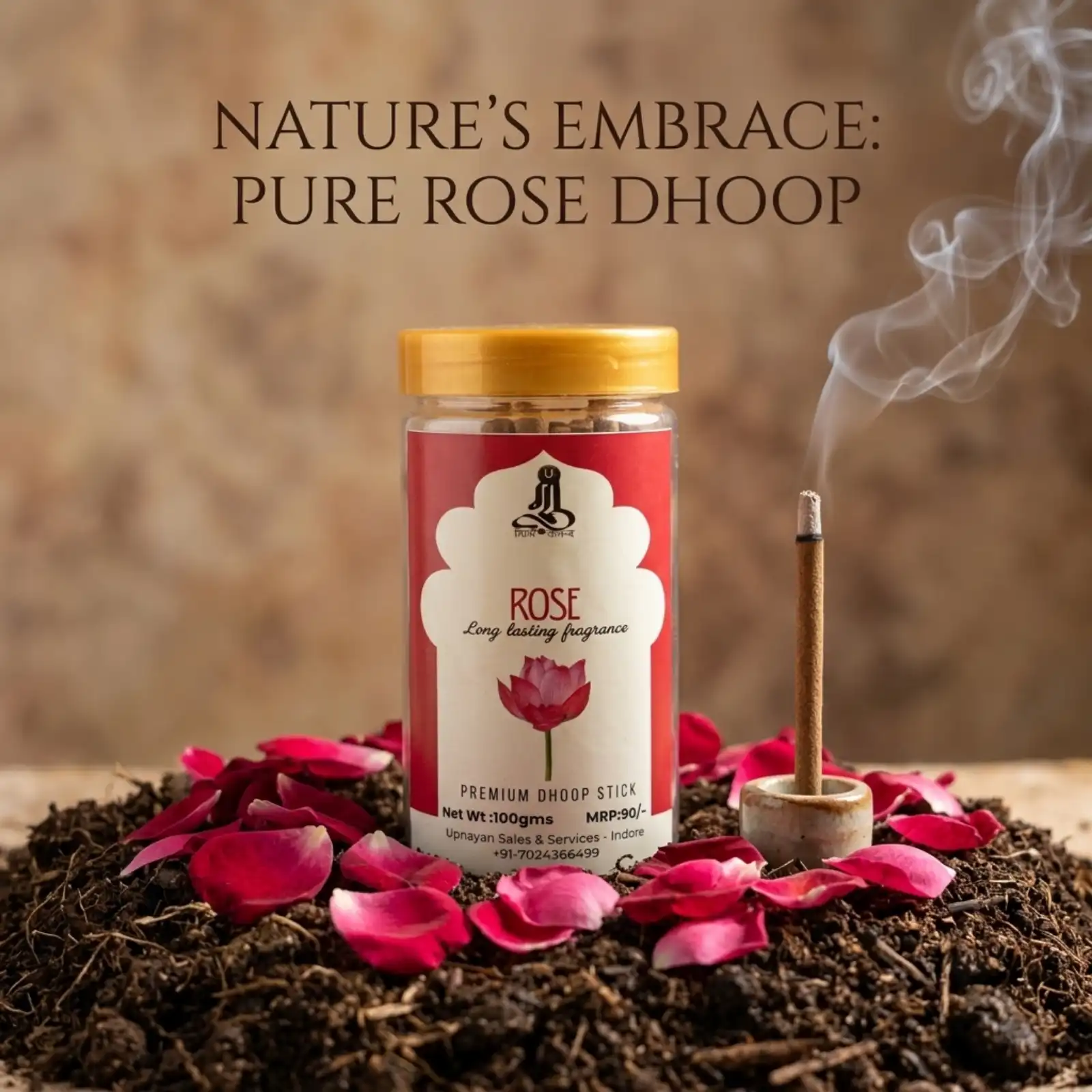 GURU Rose Dhoop Stick jar surrounded by fresh red rose petals with smoke